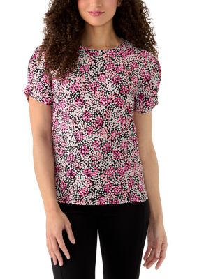 AK Anne Klein Women's Petite Pleated Sleeve Print Top