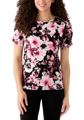 AK Anne Klein Women's Petite Pleated Sleeve Print Top