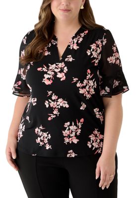 AK Anne Klein Women's Plus Size Split Neck Ruffle Sleeve Top