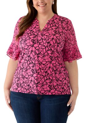 AK Anne Klein Women's Plus Size Split Neck Ruffle Sleeve Top