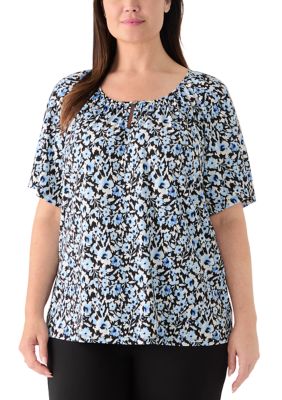 AK Anne Klein Women's Plus Size Short Sleeve Keyhole Peasant Top