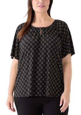 AK Anne Klein Women's Plus Size Short Sleeve Keyhole Peasant Top