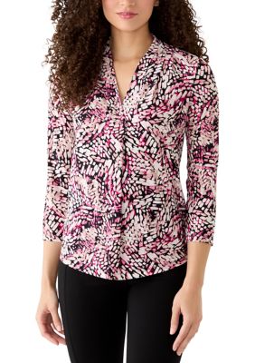 AK Anne Klein Women's Petite 3/4 Sleeve Pleated Shoulder Blouse