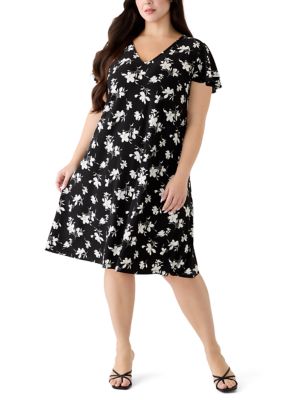 AK Anne Klein Women's Plus Size Flutter Sleeve Print Knit Dress
