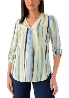 AK Anne Klein Women's 3/4 Roll Tab Sleeve Striped Top