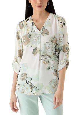 AK Anne Klein Women's Petite V-Neck Roll Tab Sleeve Blouse