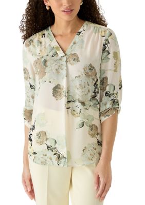 AK Anne Klein Women's Petite V-Neck Roll-Tab Sleeve Blouse