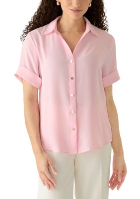 AK Anne Klein Women's Petite Collared Button Front Shirt