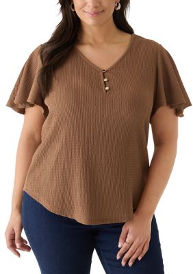AK Anne Klein Women's Plus Size Ruffle Sleeve Top Ridge Knit Top