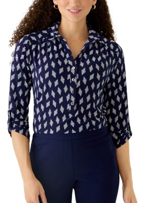 AK Anne Klein Women's Petite 3/4 Scrunch Tab Sleeve Collared Button Down Shirt