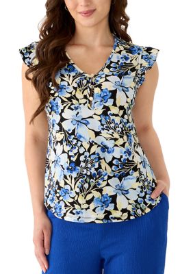 AK Anne Klein Women's Petite Short Sleeve V-Neck Ruffle Sleeve Top