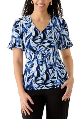 AK Anne Klein Women's V-Neck Ruffle Sleeve Top