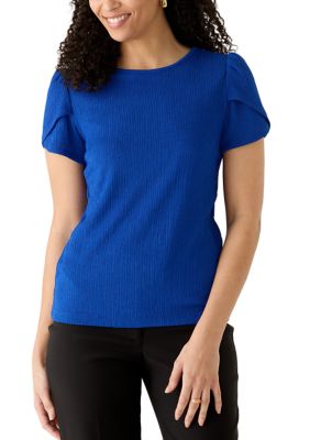 AK Anne Klein Women's Petite Crew Neck Tulip Sleeve Bubble Check Top