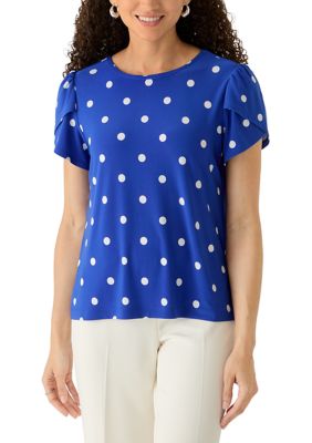 AK Anne Klein Women's Petite Tulip Sleeve Dot Print Shirt