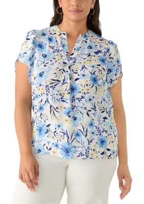AK Anne Klein Women's Plus Size Short Sleeve Tulip Sleeve Woven Blouse