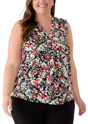 AK Anne Klein Women's Plus Size Sleeveless Pleat Front Knit Top