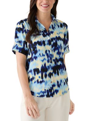 AK Anne Klein Women's Y-Neck Sleeveless Button Front Shirt