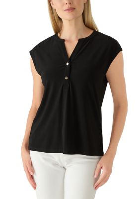 AK Anne Klein Women's Petite Short Sleeve Double Button Dolman Top