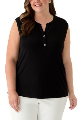 AK Anne Klein Women's Plus Size Button Front V-Neck Knit Top
