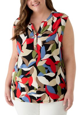 AK Anne Klein Women's Plus Size Button Front Split Neck Top