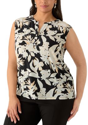 AK Anne Klein Women's Plus Size Button Front V-Neck Knit Top