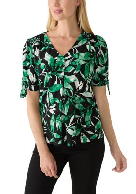 AK Anne Klein Women's Petite V-Neck Tie Sleeve Top