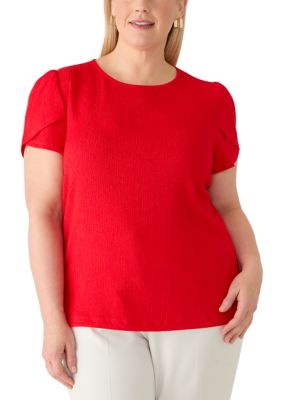 AK Anne Klein Women's Plus Size Short Tulip Sleeve Textured Knit Top