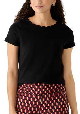 AK Anne Klein Women's Petite Short Sleeve Scallop Edge T-Shirt