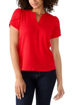 AK Anne Klein Petite V-Neck Bubble Check Tulip Sleeve Top