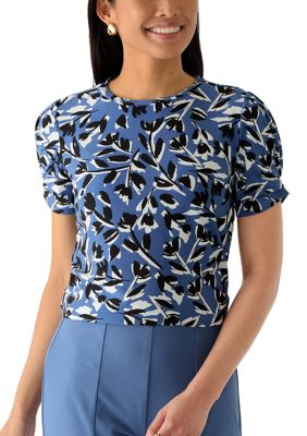 AK Anne Klein Women's Pleated Sleeve Top, Blue, Large