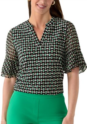 AK Anne Klein Women's Ruffle Sleeve Print Top