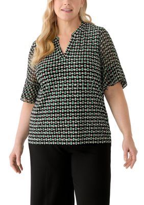 AK Anne Klein Women's Plus Size Split Neck Ruffle Sleeve Top