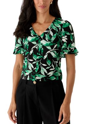 AK Anne Klein Women's V-Neck Ruffle Sleeve Top
