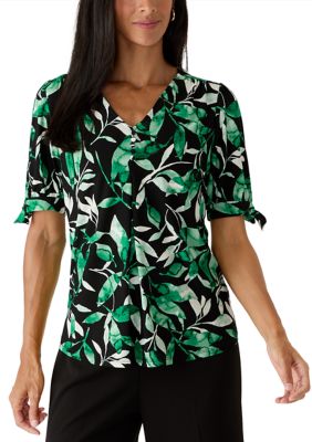 AK Anne Klein Women's Elbow Ruffle Sleeve V-Neck Button Front Blouse