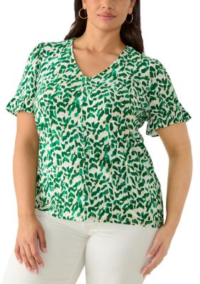 AK Anne Klein Women's Plus Size Elbow Ruffle V-Neck Button Front