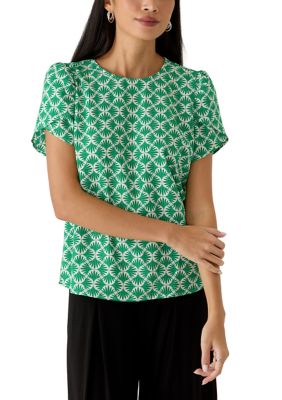AK Anne Klein Women's Petite Jewel Neck Tulip Sleeve Blouse