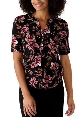 AK Anne Klein Women's 3/4 Sleeve Print Button Front Shirt