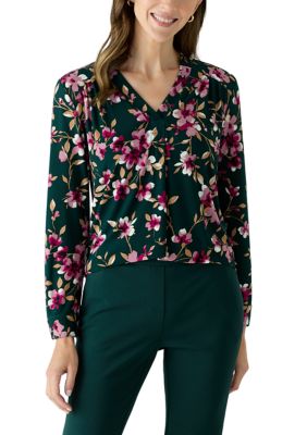 AK Anne Klein Women's V-Neck Tab Sleeve Floral Top