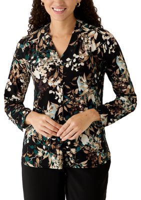 AK Anne Klein Women's Petite Long Roll Tab Sleeve V-Neck Top