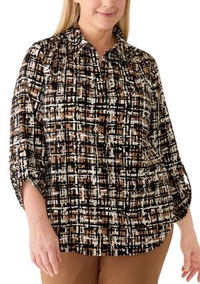 AK Anne Klein Women's Plus Size V-Neck Shirt with Roll Tab Sleeves