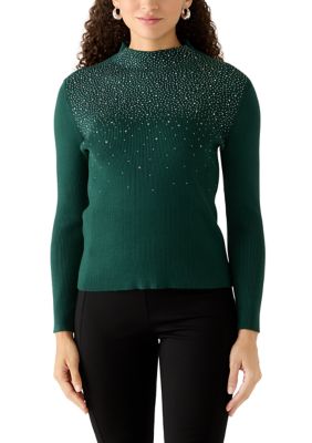 AK Anne Klein Women's Petite Long Sleeve Mock Neck Embellished Sweater