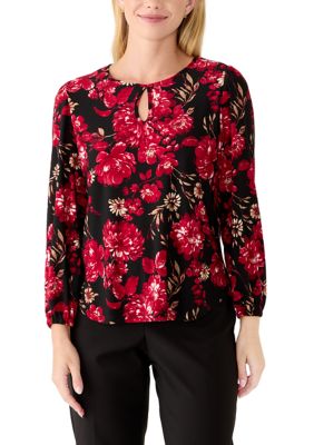 AK Anne Klein Women's Petite Long Sleeve Keyhole Neck Print Top