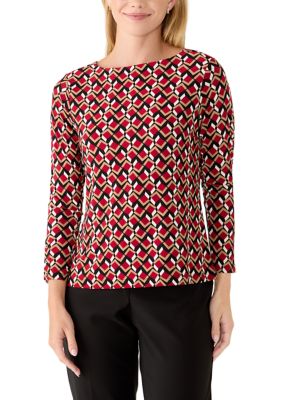 AK Anne Klein Women's Petite Long Sleeve Button Cuff Boat Neck Top