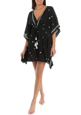 Embroidered Tunic Swim Cover Up with Tassels