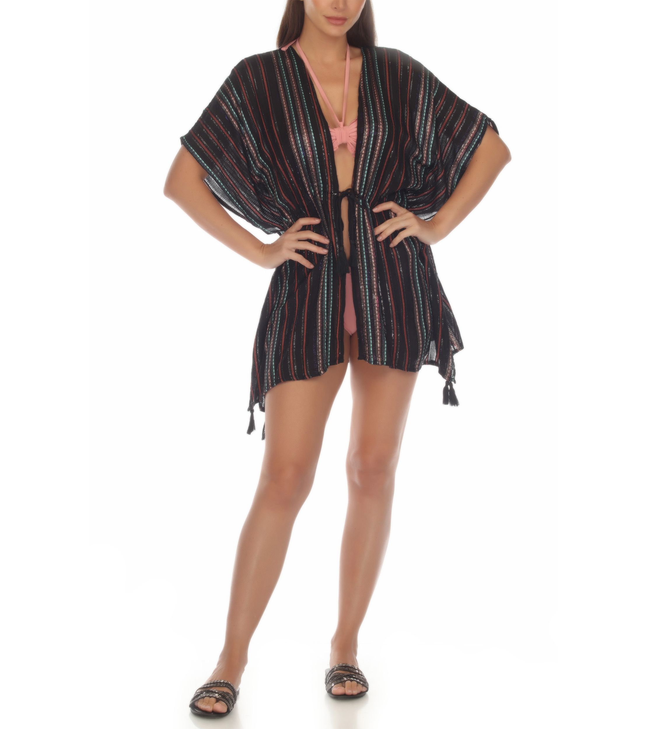 Lurex Striped Tie Front Tunic Swim Cover Up