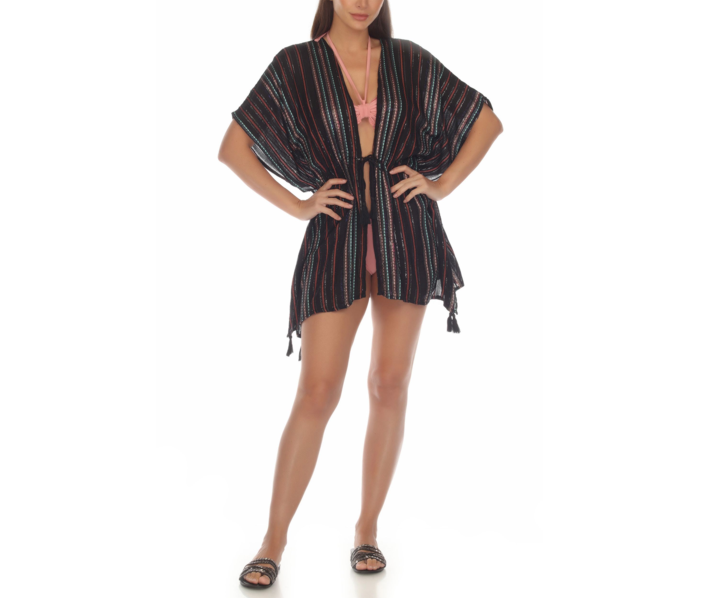 Lurex Striped Tie Front Tunic Swim Cover Up