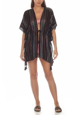 Lurex Striped Tie Front Tunic Swim Cover Up