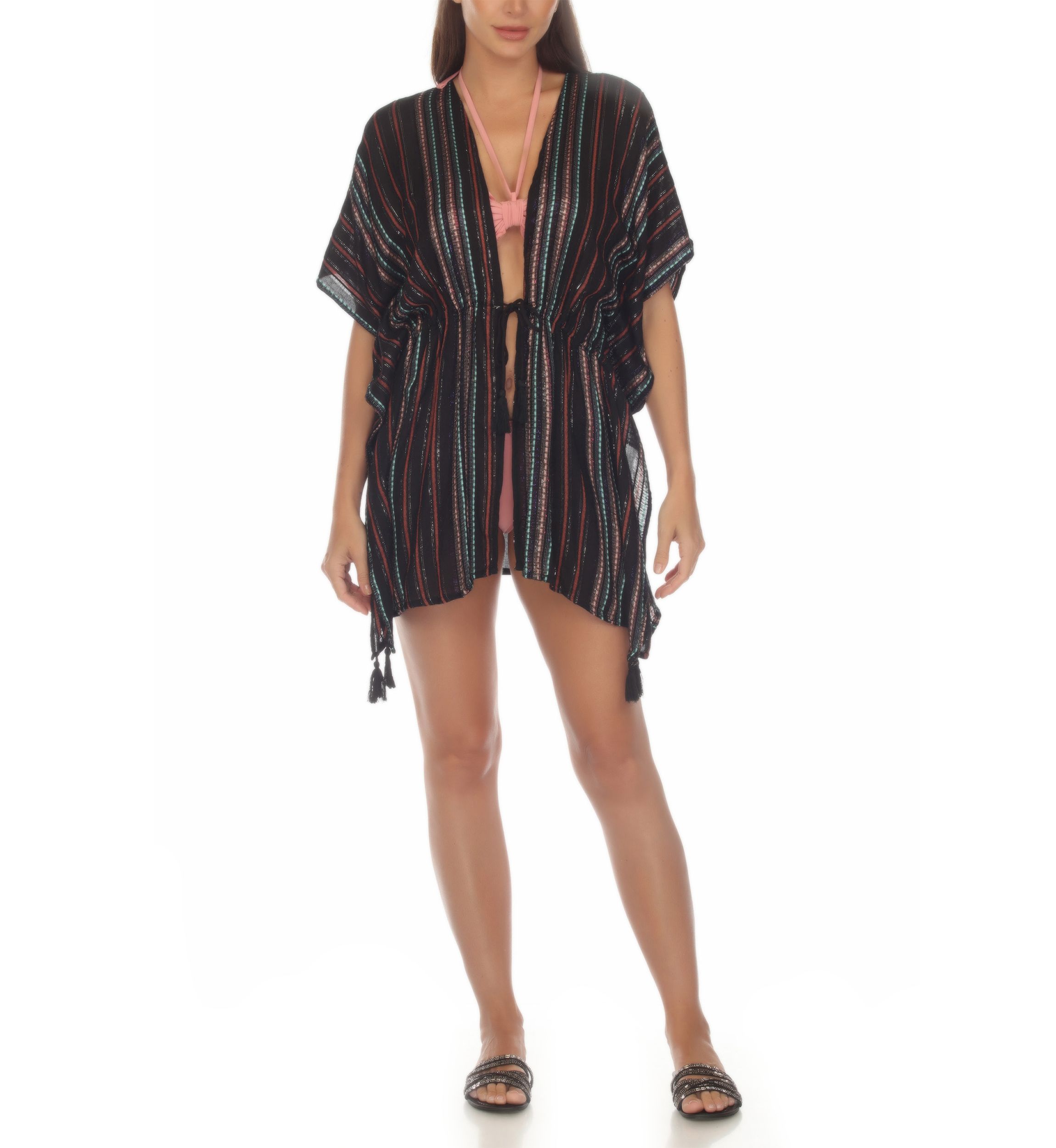 Lurex Striped Tie Front Tunic Swim Cover Up