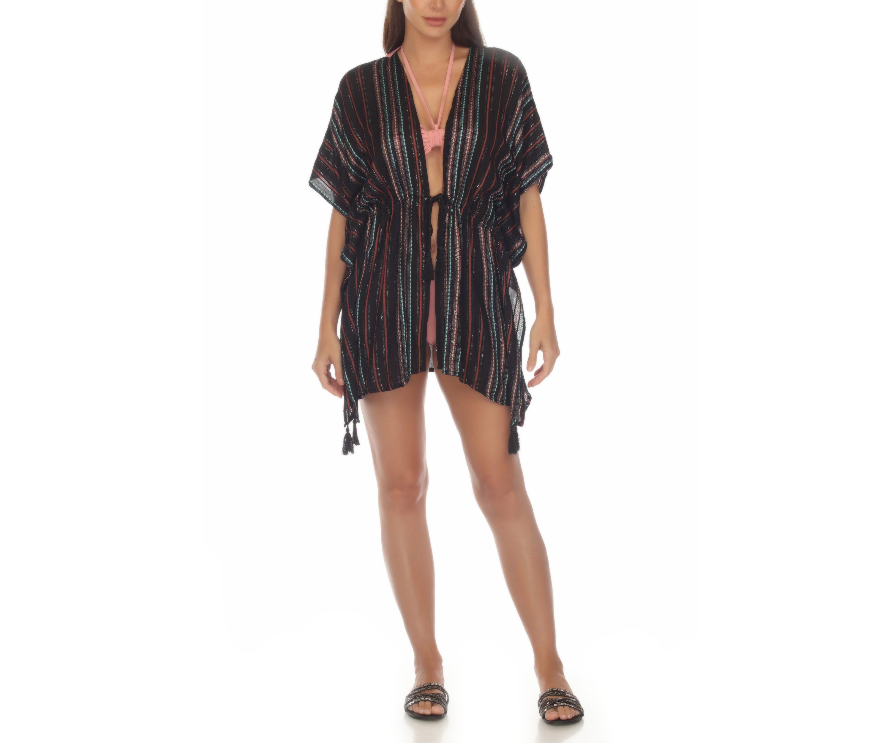 Lurex Striped Tie Front Tunic Swim Cover Up