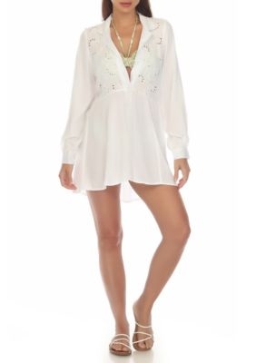 Eyelet Button Up Big Shirt Swim Cover